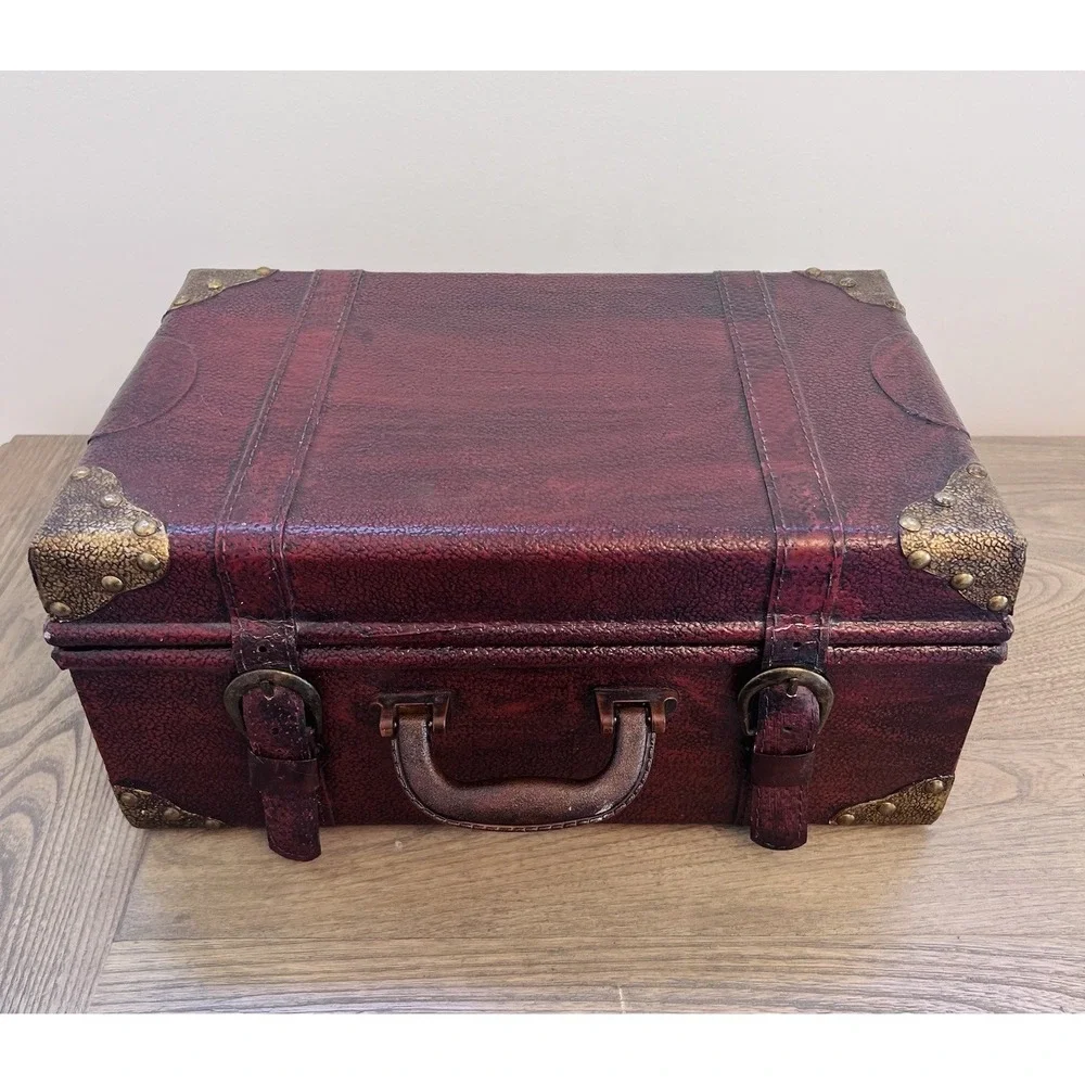 Vintage 90s Burgundy Faux Leather Decorative Trunk Storage Chest Brass Accents